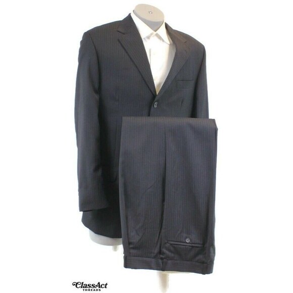 Moores Alred Suns 2 Pc Suit 3 Btn Wool Black Striped 40L Pleated Fronts 33" W - Picture 1 of 11